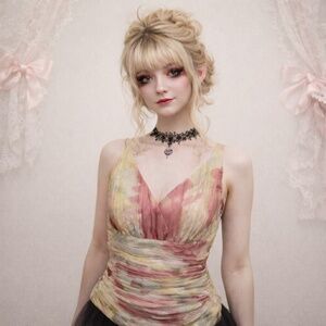 Lafayette 148 Sz 16 Silk Top Colorful Artsy Mesh Overlay Coquette Fairy Slimming